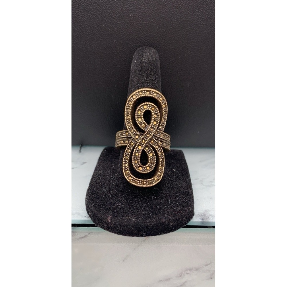 Lucky Brand Antiqued Gold Tone Sparkly Figure 8 Infinity Cocktail Ring‎ Sz 6.75